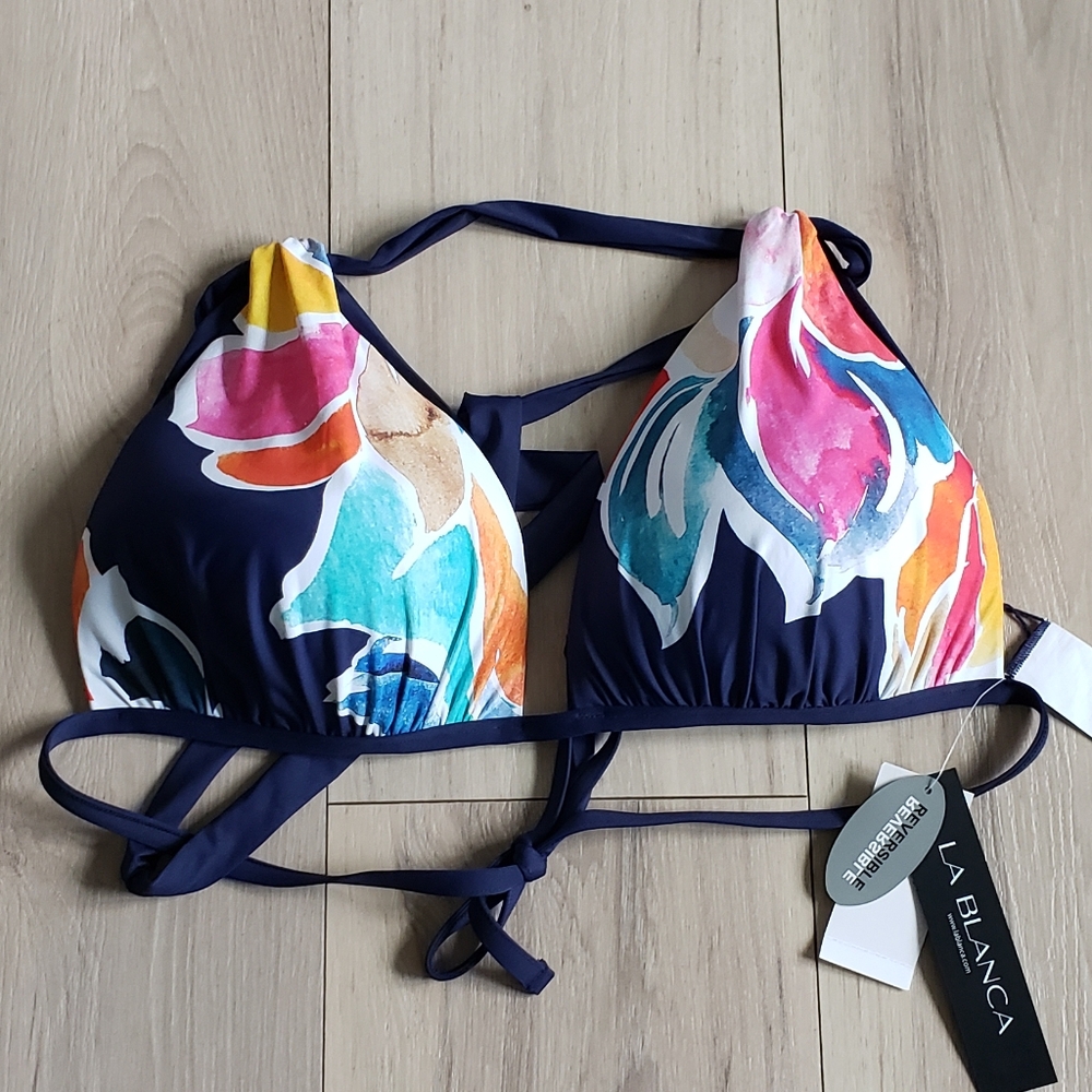 La Blanca Bikini Top Womens 16 Navy Floral Reversible Push Up Plunge Bra NWT